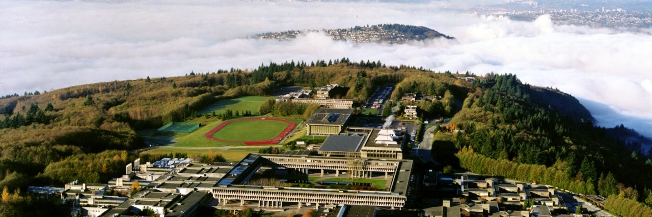 aerial image of SFU in the clouds